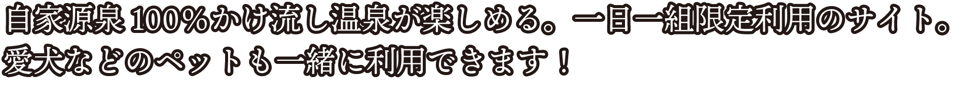 自家源泉100％かけ流し温泉が楽しめる。一日一組限定利用のサイト。愛犬などのペットも一緒に利用できます！